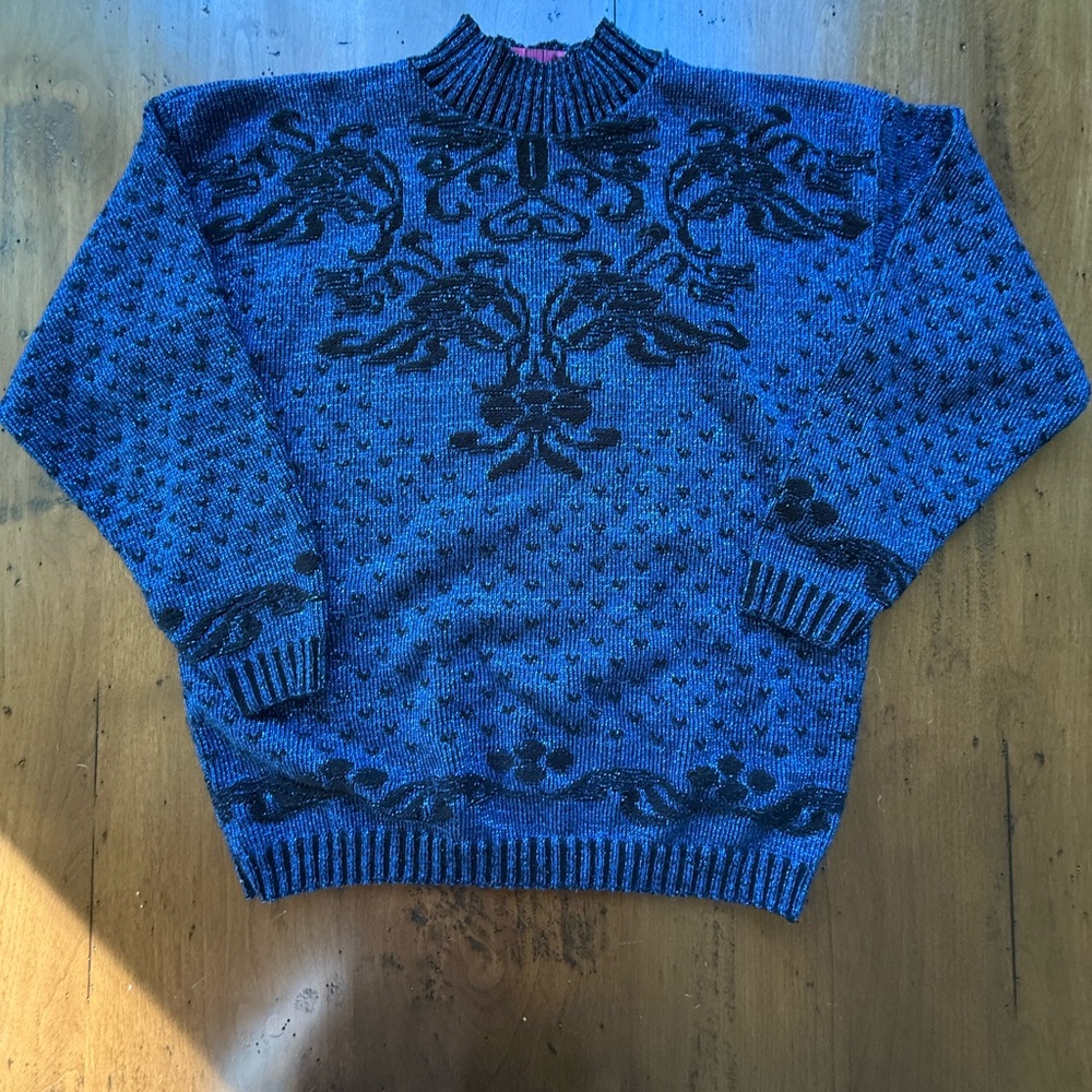 Vintage Retro Adele 80s 90s Knit Blue and Black Floral Metallic Sweater